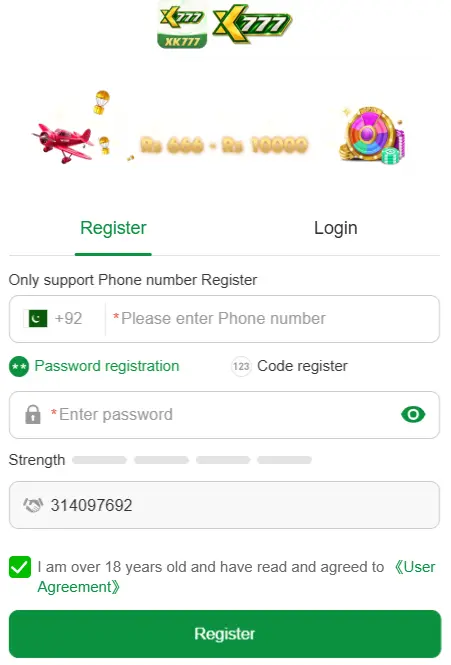 xK777 Game Mobile Register and login screenshot